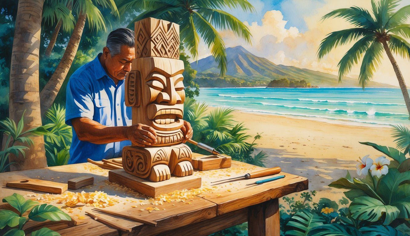A Hawaiian artisan carving a wooden tiki figure surrounded by tropical plants near a beach with mountains in the background.