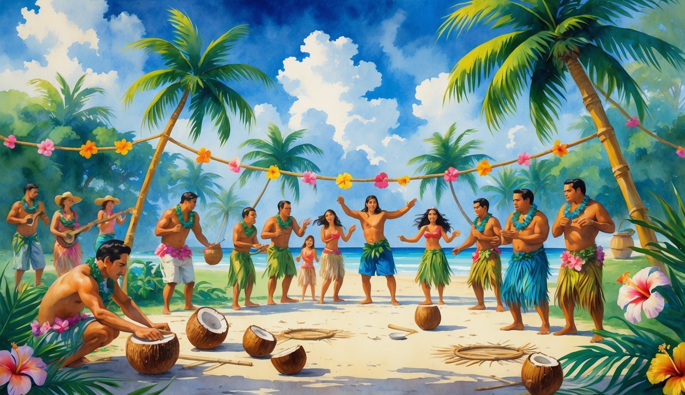 People enjoying a Hawaiian luau with games, dancing, and music outdoors surrounded by palm trees and tropical flowers.