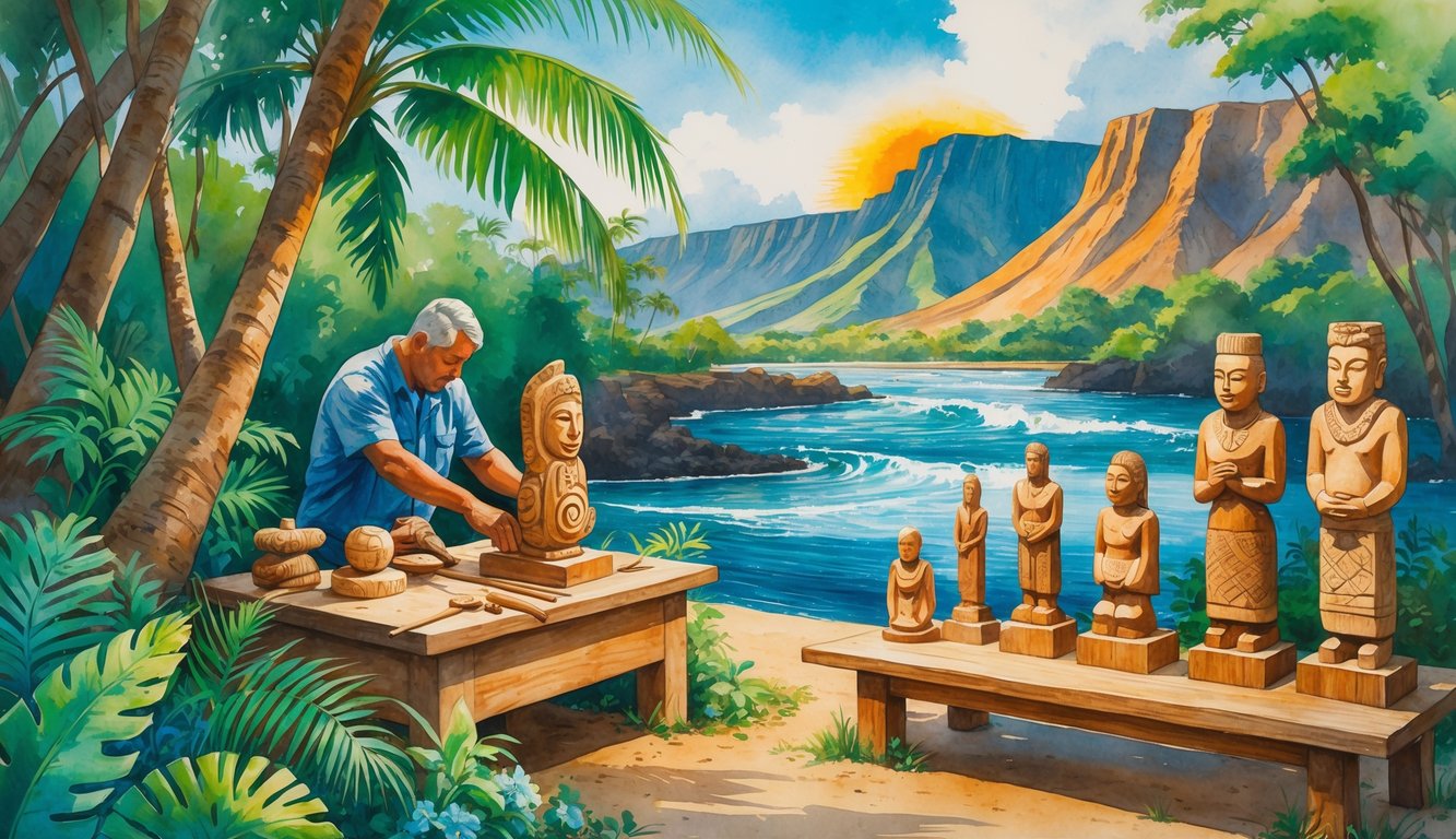 A Hawaiian artisan carving traditional wooden sculptures surrounded by tropical plants, a river, and mountains in the background.
