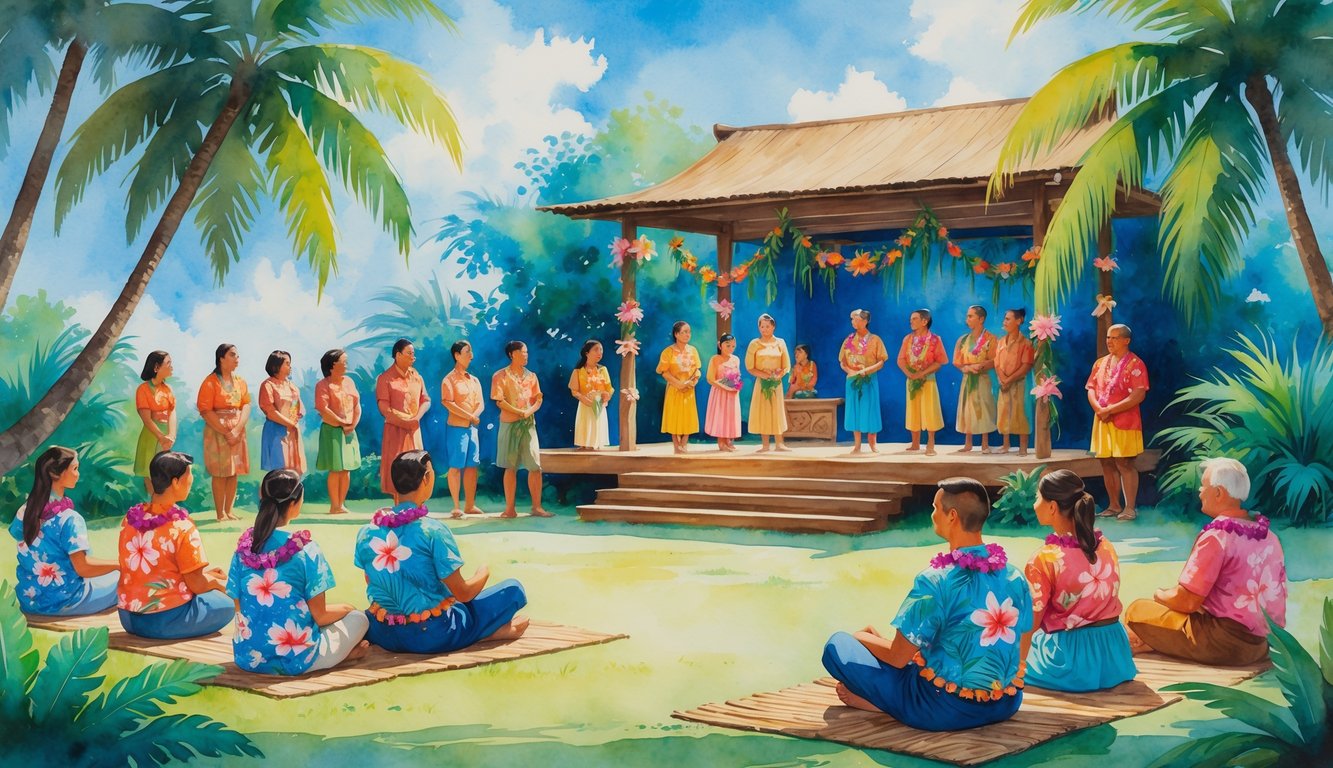 People dressed in traditional Hawaiian clothing gathered outdoors near a decorated stage surrounded by tropical plants, preparing to watch a Hawaiian play.