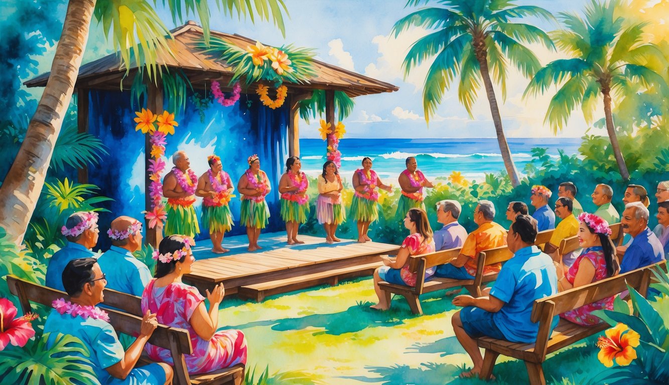 People enjoying a traditional Hawaiian play outdoors in a tropical garden with palm trees and flowers, watching actors perform on a decorated wooden stage.