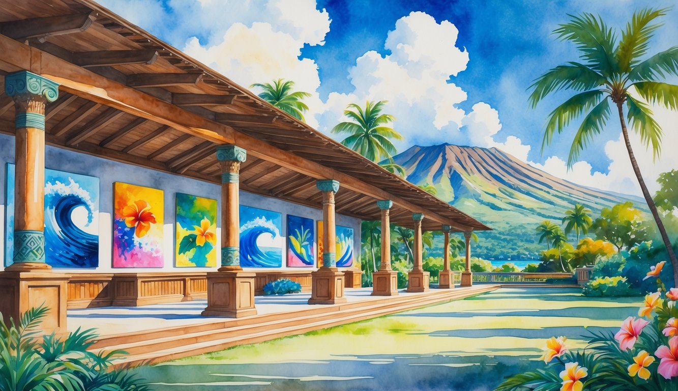 A peaceful Hawaiian art museum surrounded by tropical plants and palm trees, with mountains in the distance.