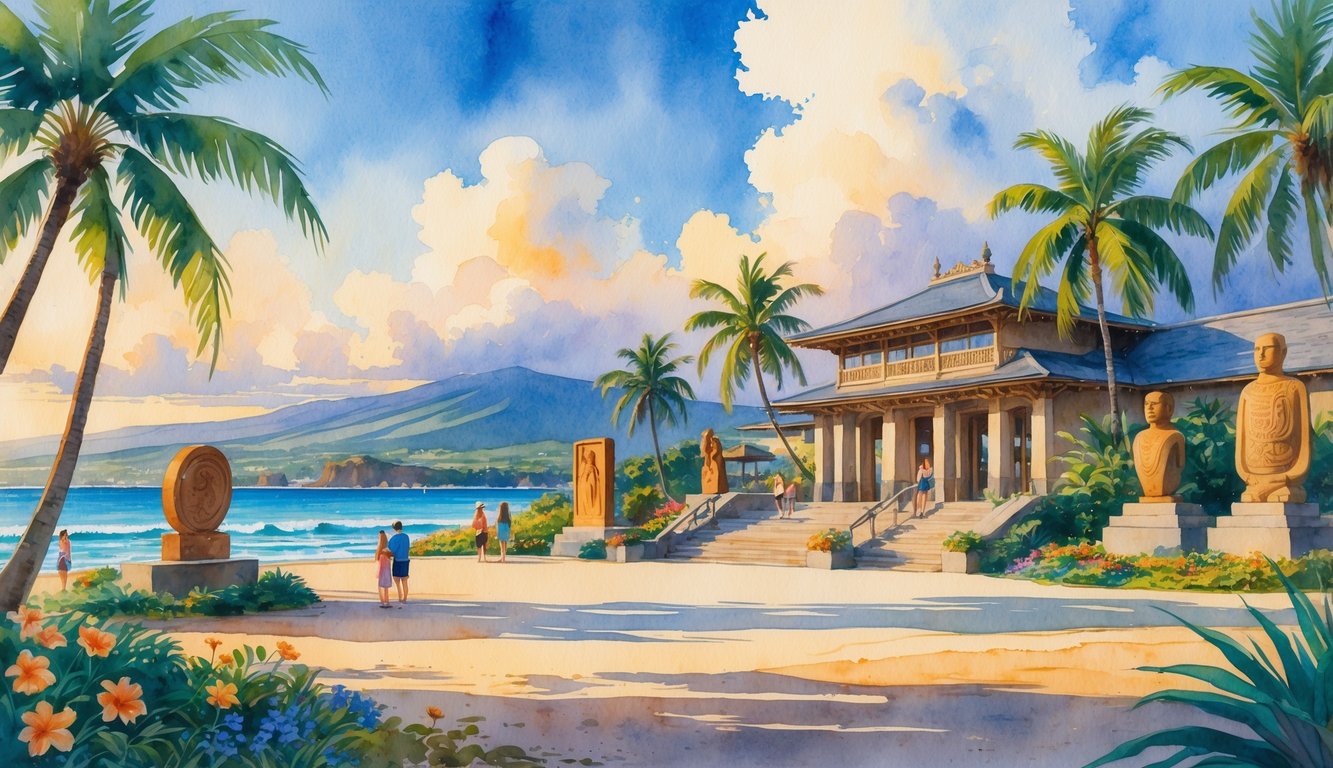 A coastal museum surrounded by tropical plants and visitors viewing Hawaiian art outdoors with ocean and mountains in the background.