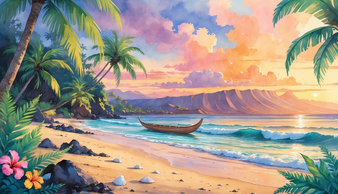 A peaceful Hawaiian beach at sunset with palm trees, tropical flowers, a canoe on the shore, and mountains in the distance.