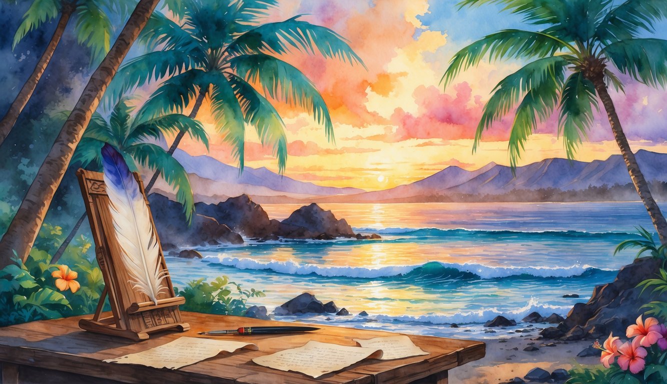 A peaceful Hawaiian coastal scene with palm trees, flowers, ocean waves, mountains, and a wooden table with parchment papers and a quill pen.