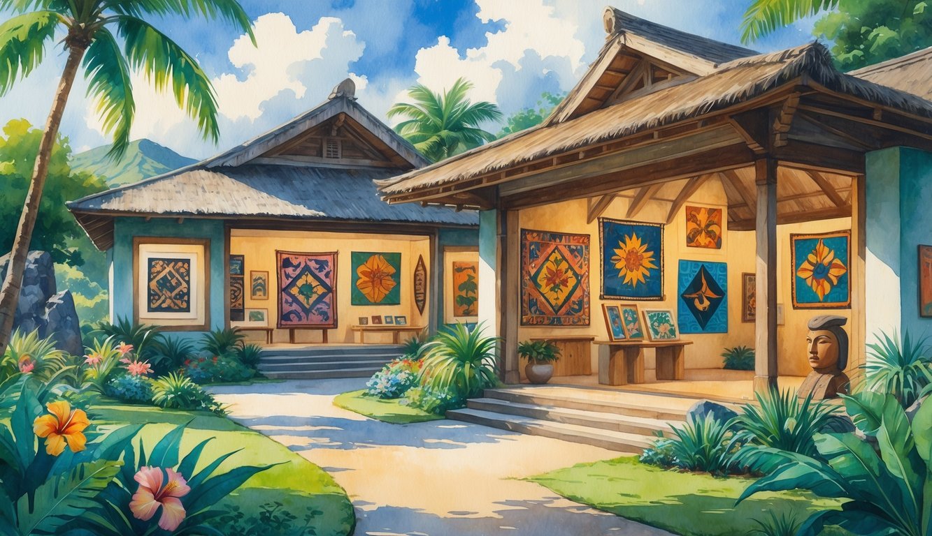 A peaceful Hawaiian museum surrounded by tropical plants and traditional art displays, with volcanic rocks in the background.