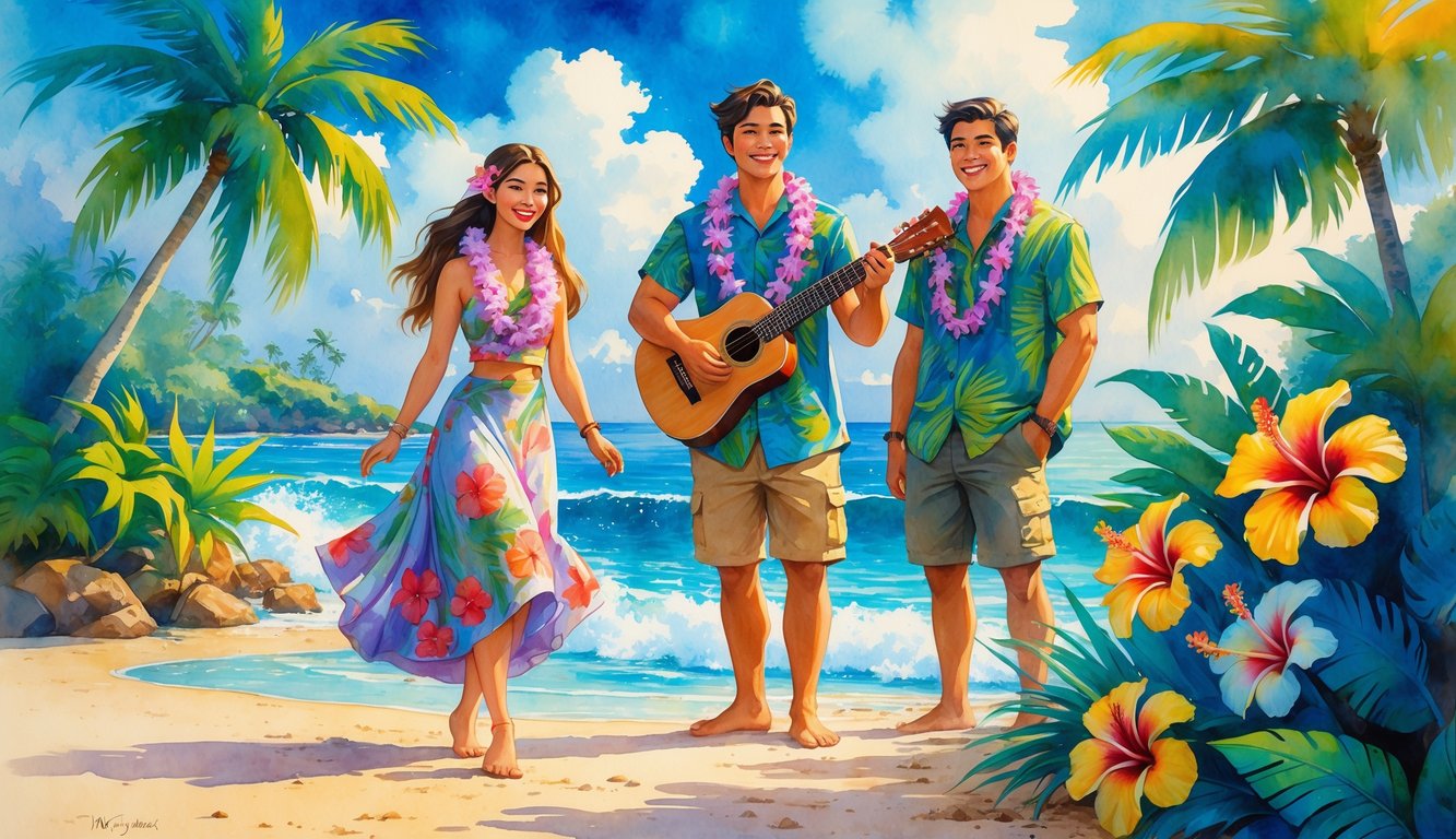 A group of Hawaiian-inspired people standing on a sandy beach surrounded by tropical plants and flowers, with the ocean and sky in the background.