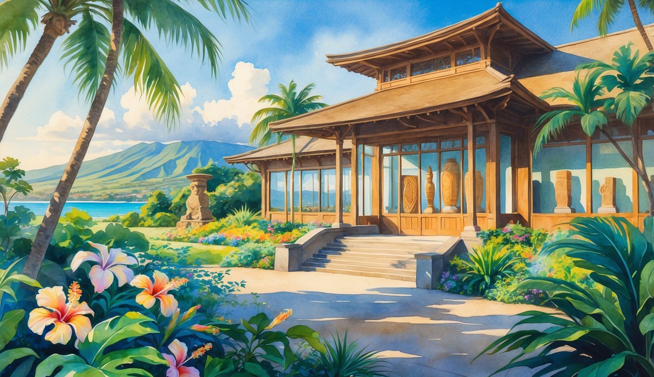 A peaceful garden with tropical plants and a traditional Hawaiian museum building near the ocean and mountains.