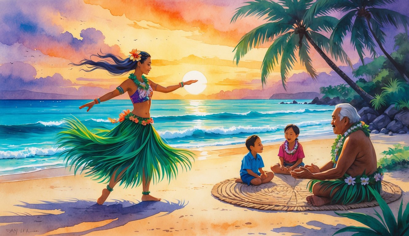A Hawaiian hula dancer performs on a beach at sunset while an elder tells stories to a small group seated nearby, surrounded by palm trees and ocean waves.
