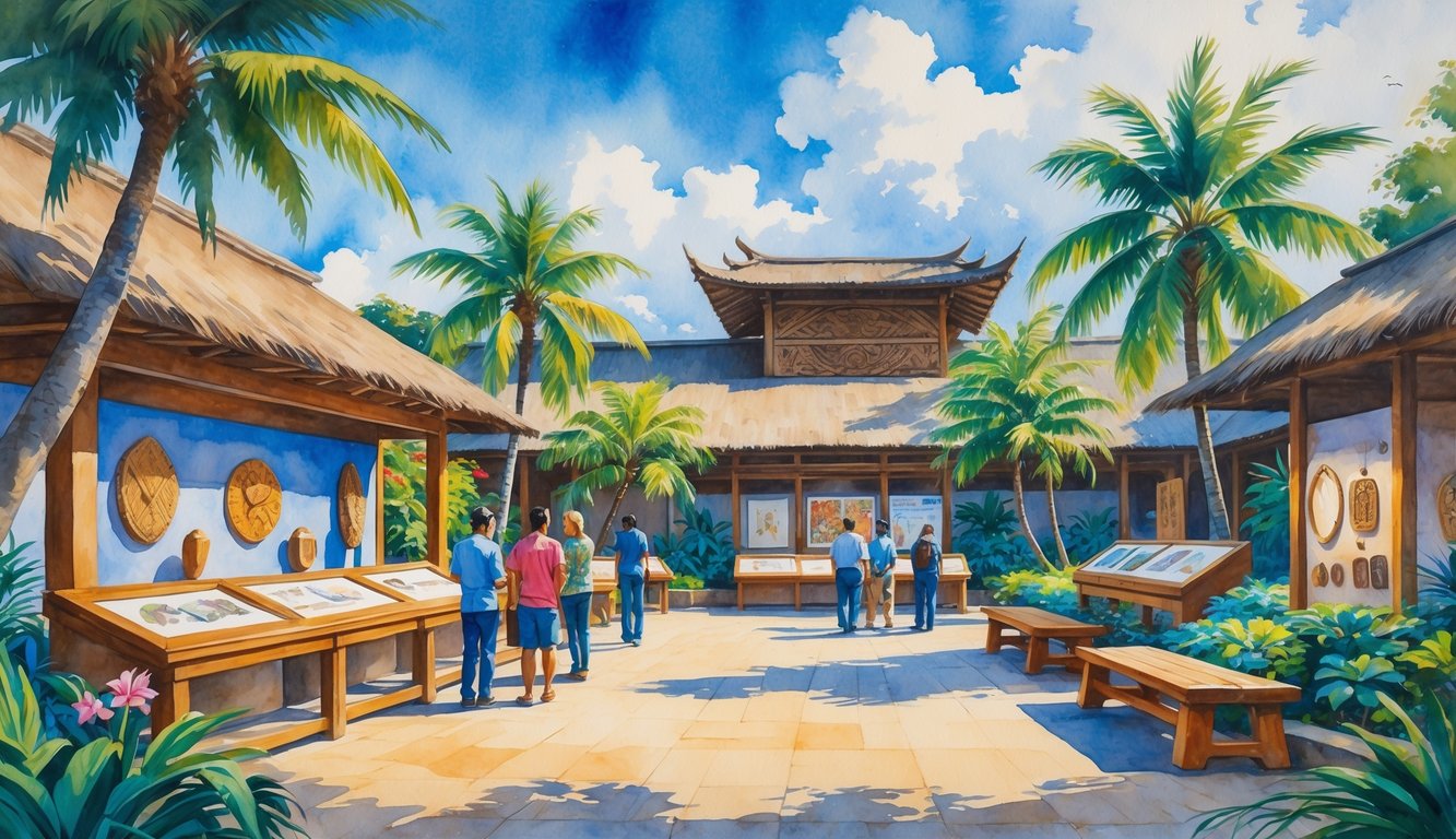A peaceful outdoor museum courtyard with Hawaiian artifacts, tropical plants, a thatched-roof building, and visitors admiring exhibits.