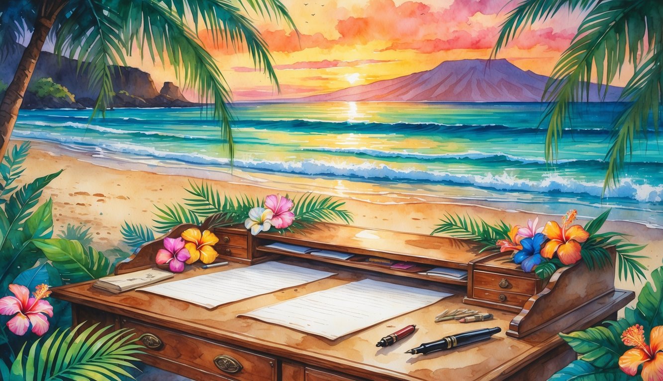 A peaceful Hawaiian beach at sunset with a wooden writing desk surrounded by tropical flowers and palm leaves, overlooking the ocean and distant mountains.
