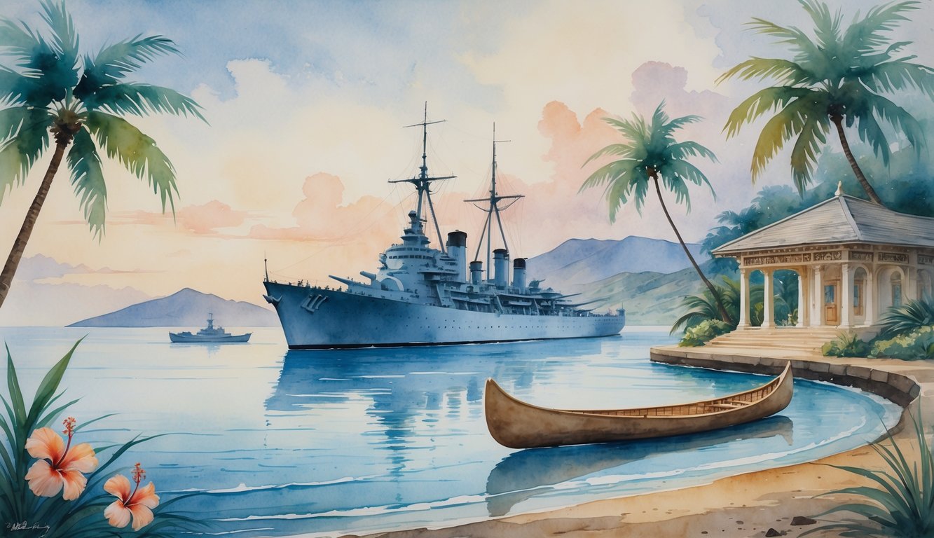 A peaceful scene showing a naval ship anchored near tropical Hawaiian islands with palm trees, a traditional canoe, and a small pavilion along the shore.