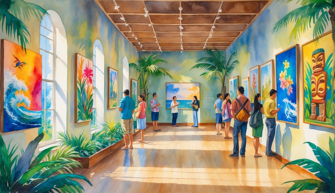 A museum gallery displaying Hawaiian art with visitors observing paintings and sculptures in a bright, calm space.