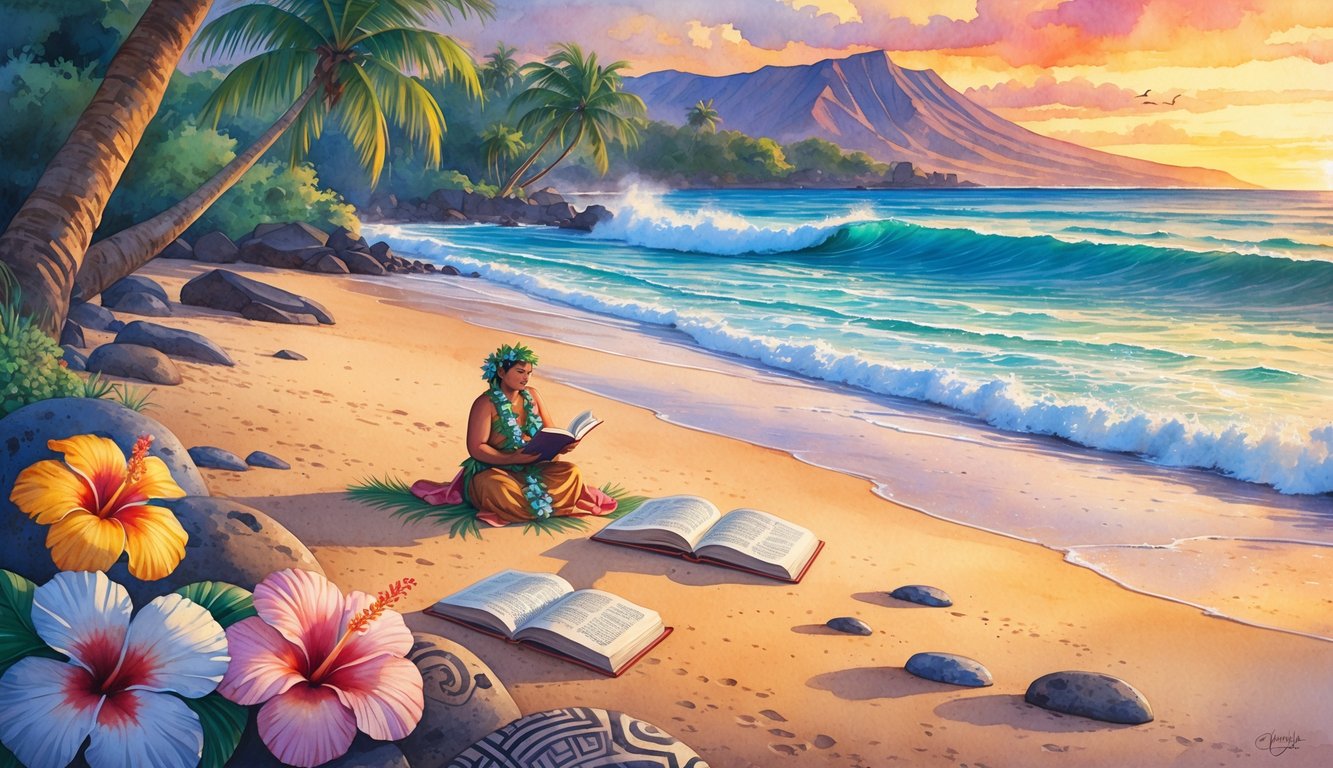 A person sitting on a beach near palm trees and mountains, surrounded by flowers and ocean waves at sunset.