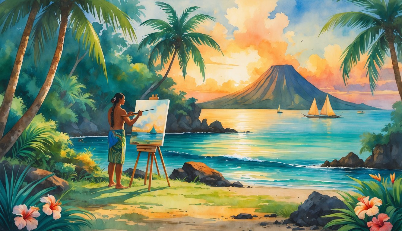 A Hawaiian artist painting outdoors near the ocean with tropical plants, palm trees, and volcanic islands in the background during sunset.