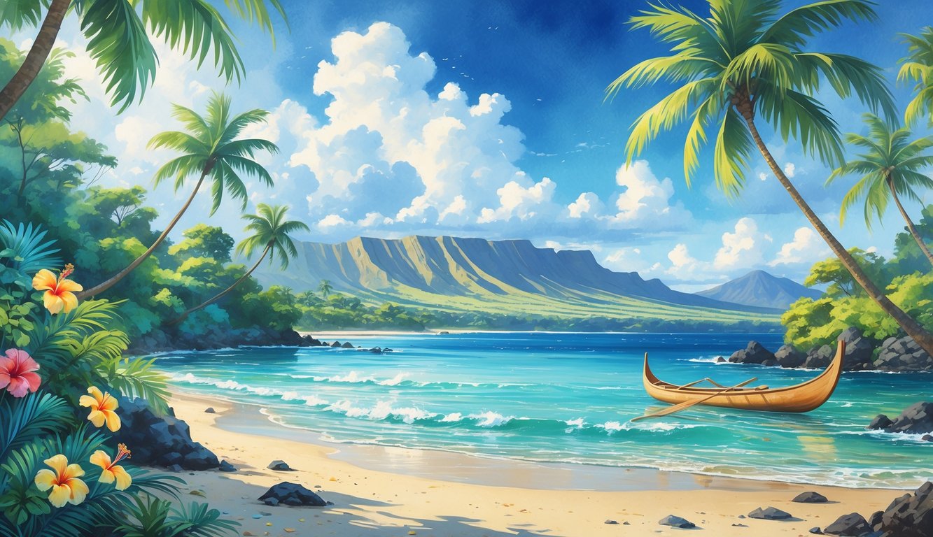 A peaceful Hawaiian beach with palm trees, colorful tropical flowers, a calm ocean, a traditional canoe, and volcanic mountains in the background under a blue sky.