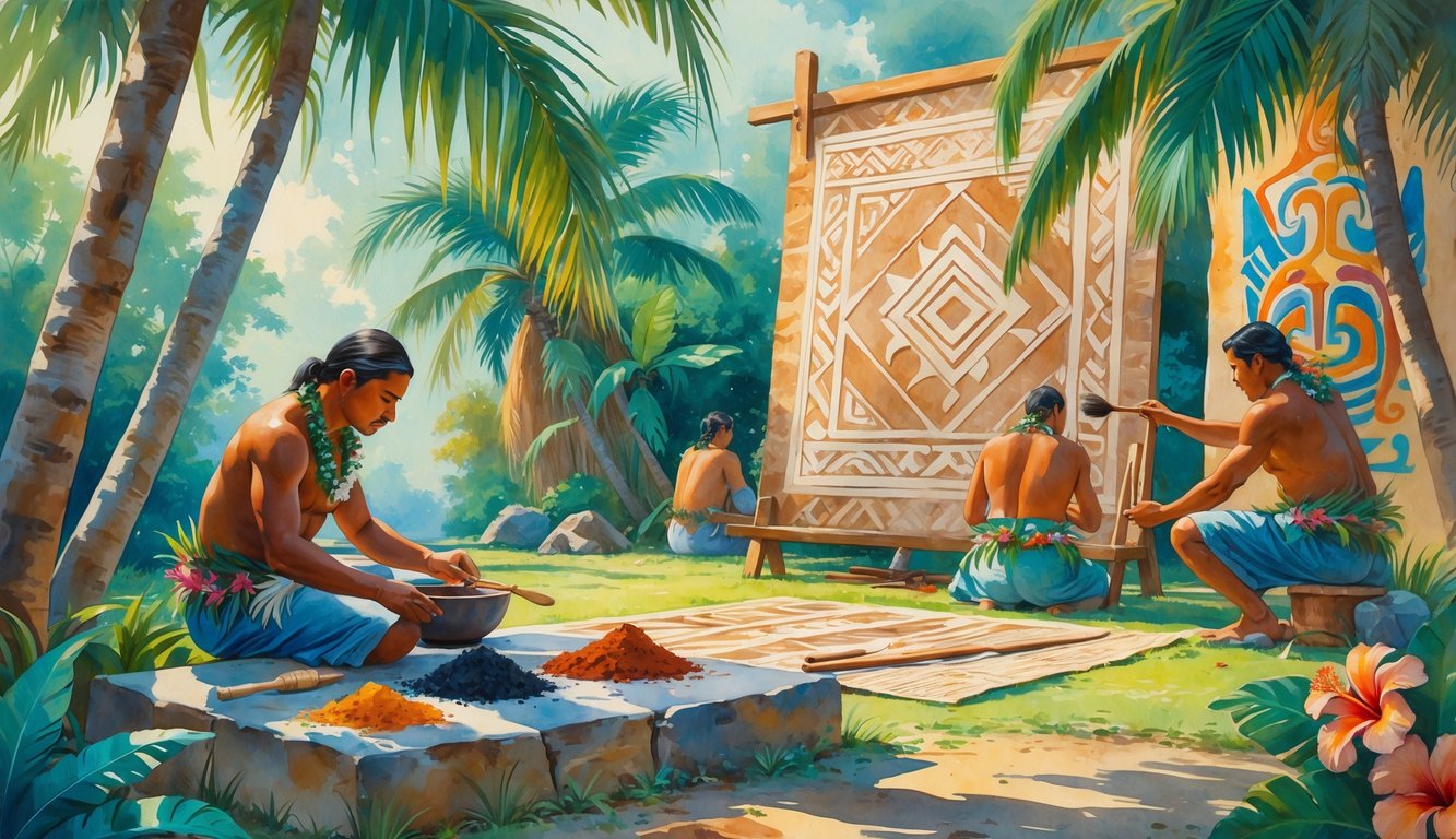 Artists creating traditional Hawaiian artwork outdoors surrounded by tropical plants and natural materials.