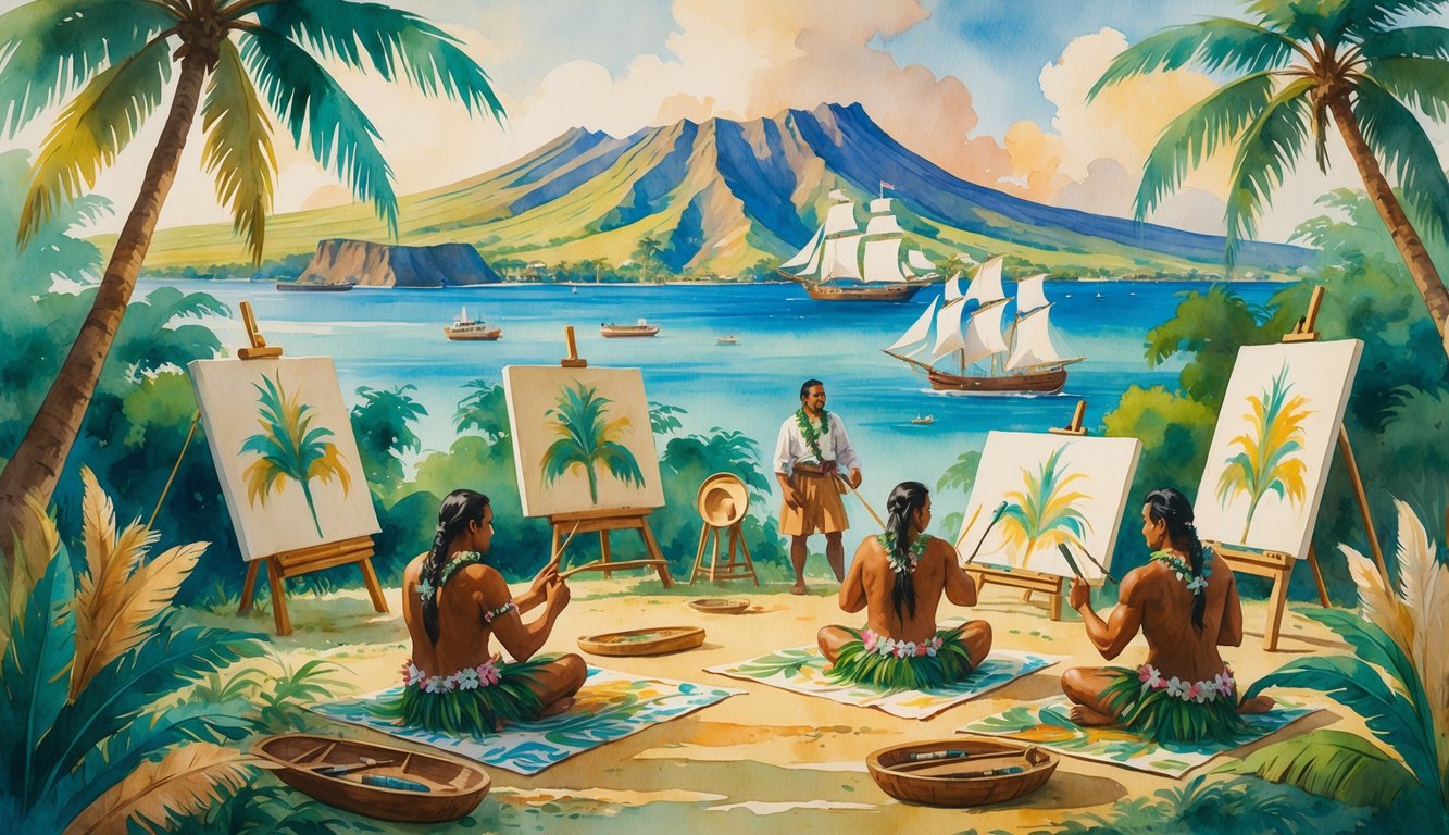 A tropical Hawaiian landscape with native artists painting surrounded by traditional cultural elements and European ships in the distance.