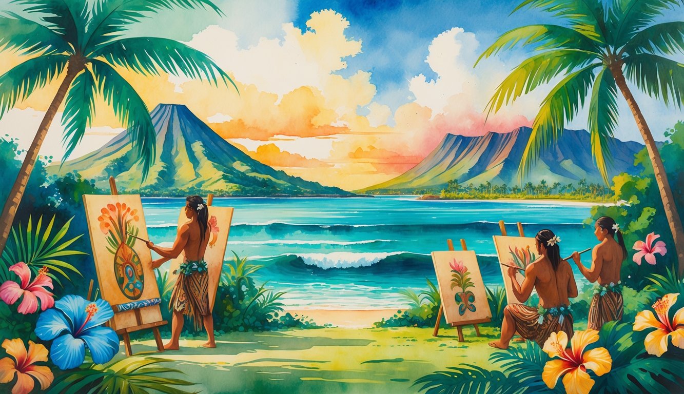 A tropical Hawaiian landscape with mountains, ocean, palm trees, and artists painting surrounded by native flowers.