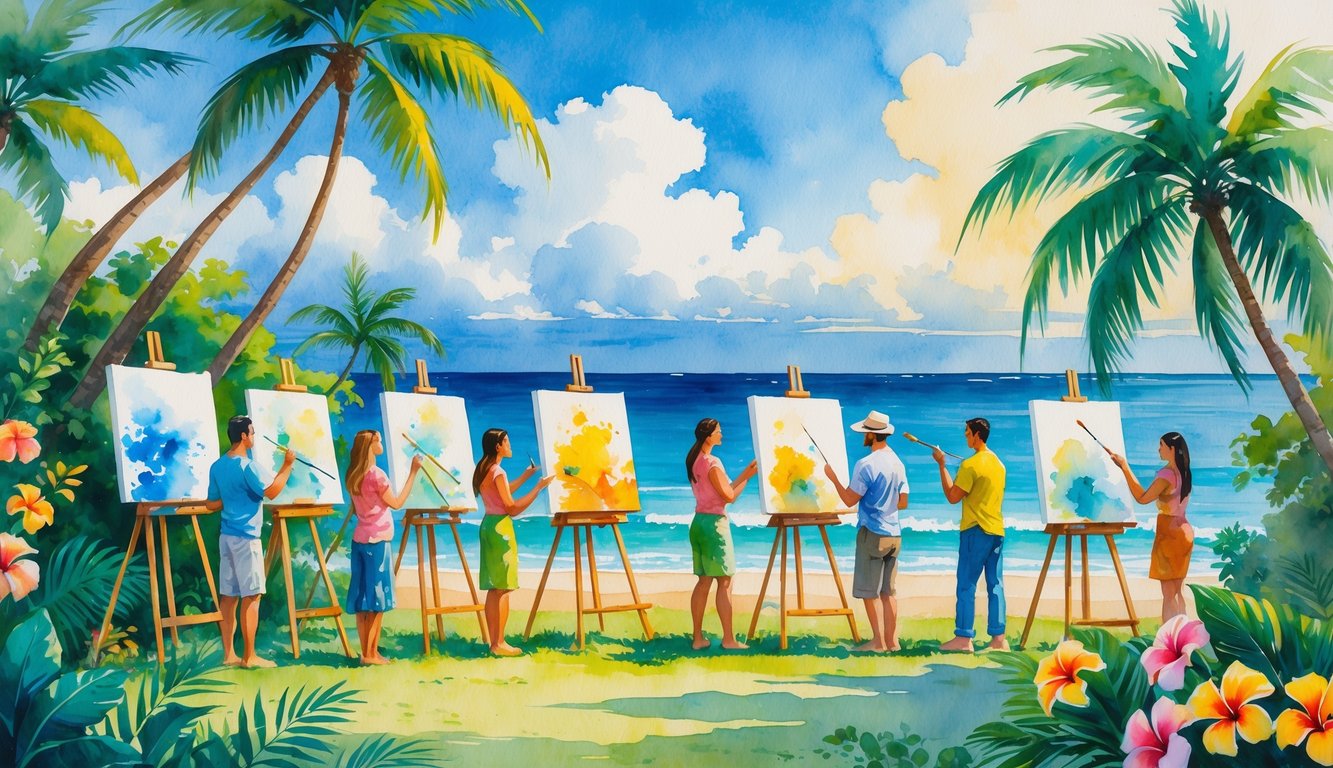 A group of people painting outdoors surrounded by tropical plants and a calm ocean in the background.