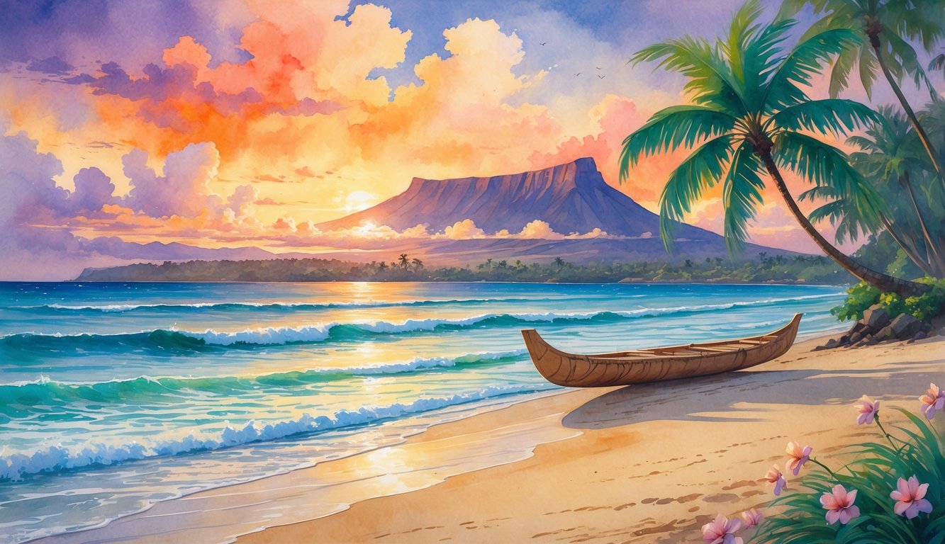 A peaceful Hawaiian beach with palm trees, a canoe by the shore, a volcanic mountain in the background, and a colorful sunset sky.