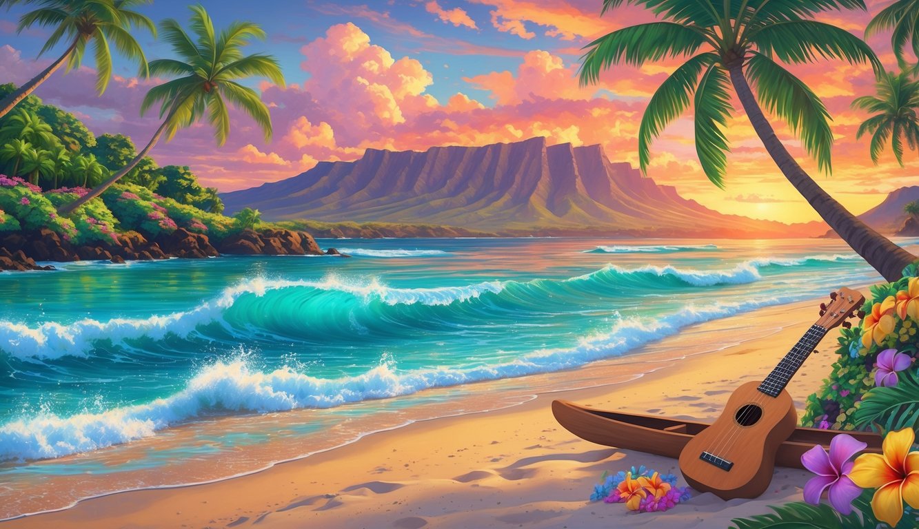 A Hawaiian beach at sunset with palm trees, waves, volcanic mountains, a canoe, a ukulele, and tropical flowers on the sand.