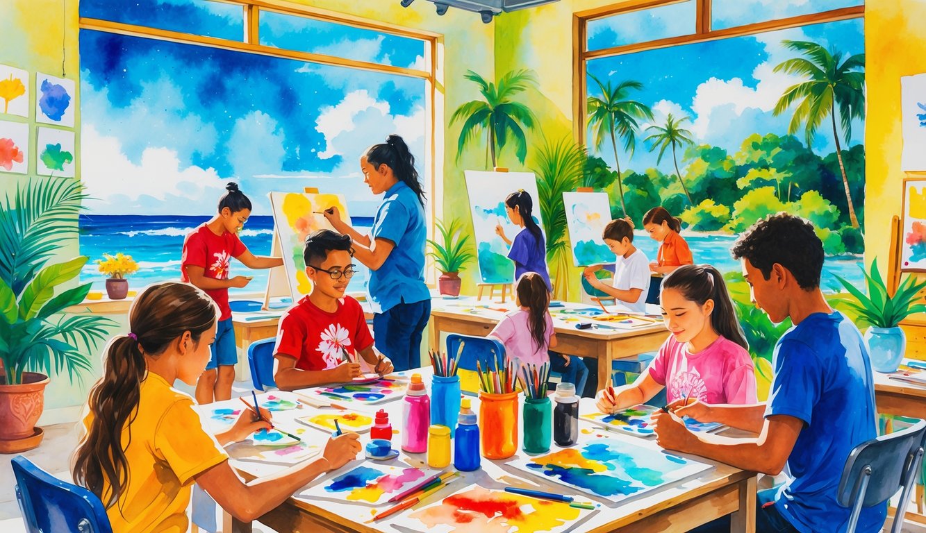 A group of people painting and sculpting together in a bright studio with tropical plants and a view of palm trees and ocean outside.