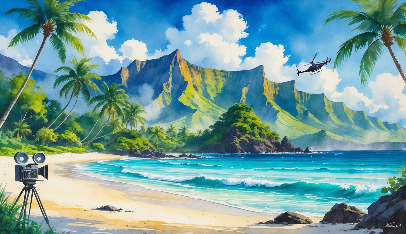 A tropical Hawaiian beach with palm trees, turquoise ocean, volcanic mountains, and a film camera on the shore.