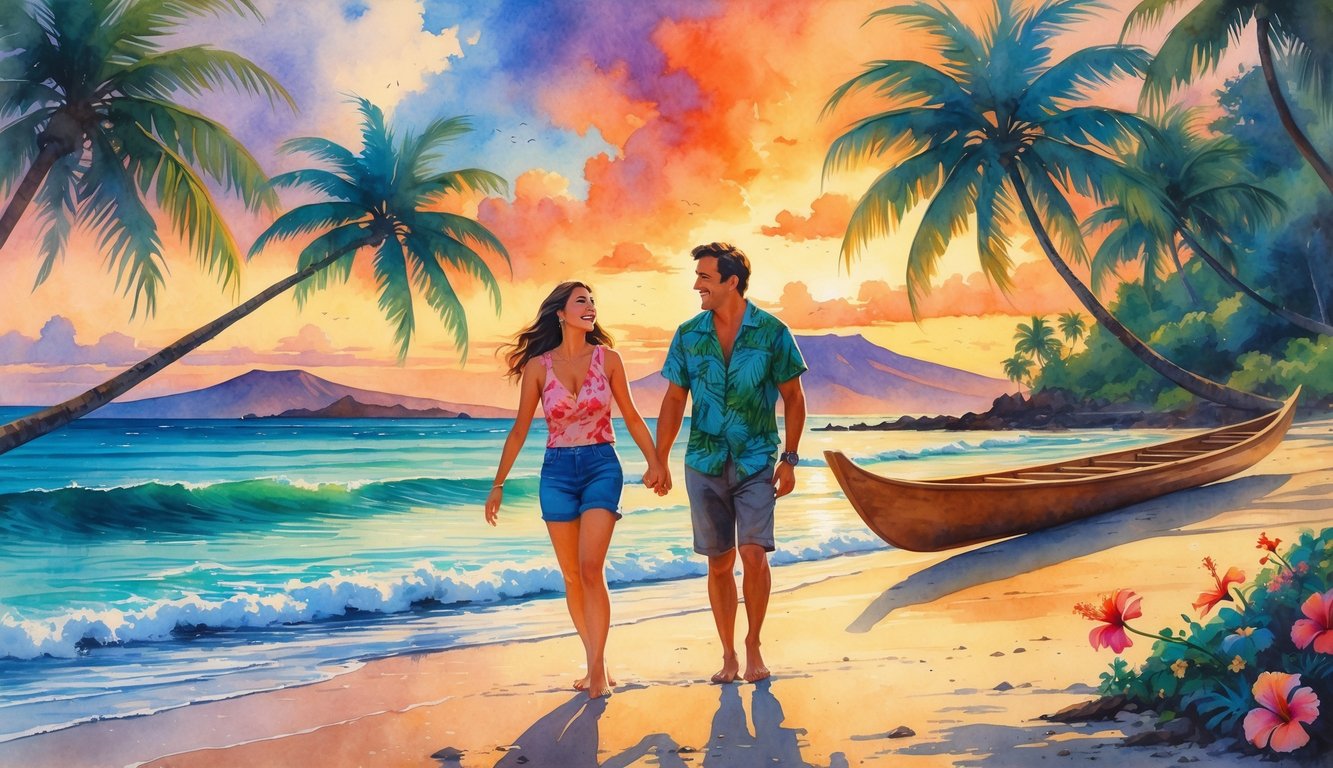 A couple walking hand in hand along a Hawaiian beach at sunset with palm trees, flowers, and a canoe nearby.