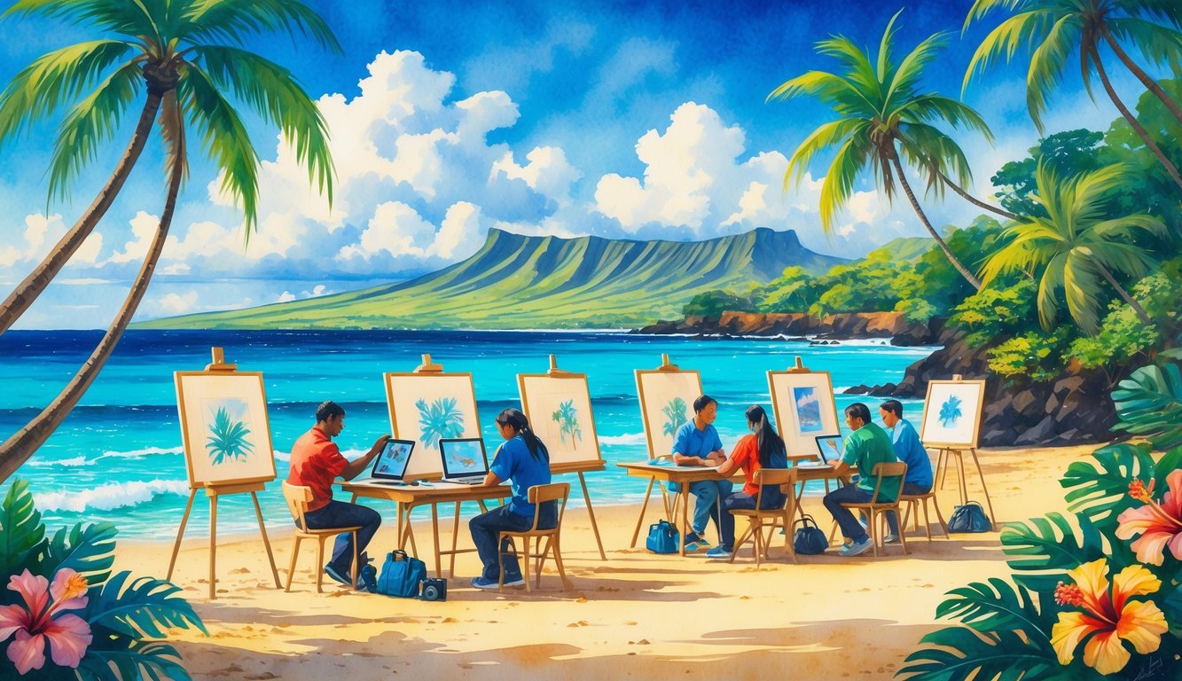 A group of people creating art outdoors near a tropical beach with palm trees, flowers, ocean, and mountains in the background.