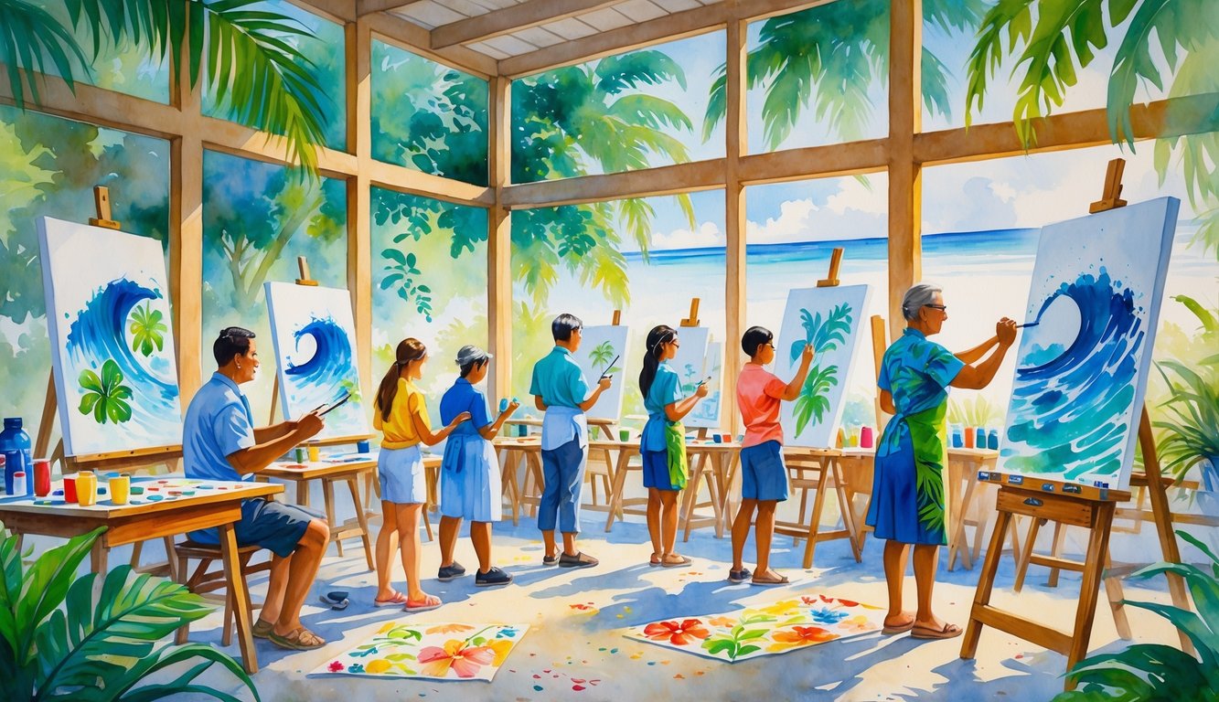 A group of people painting Hawaiian-themed artwork in a bright, open studio surrounded by tropical plants and ocean views.