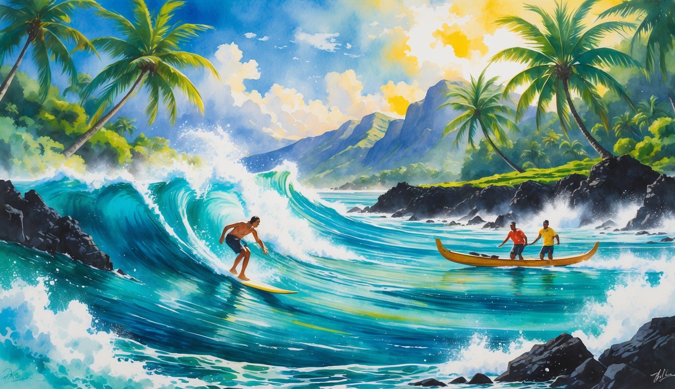 A tropical Hawaiian coastline with palm trees, ocean waves, a surfer riding a wave, a canoe with people, and distant mountains under a sunny sky.