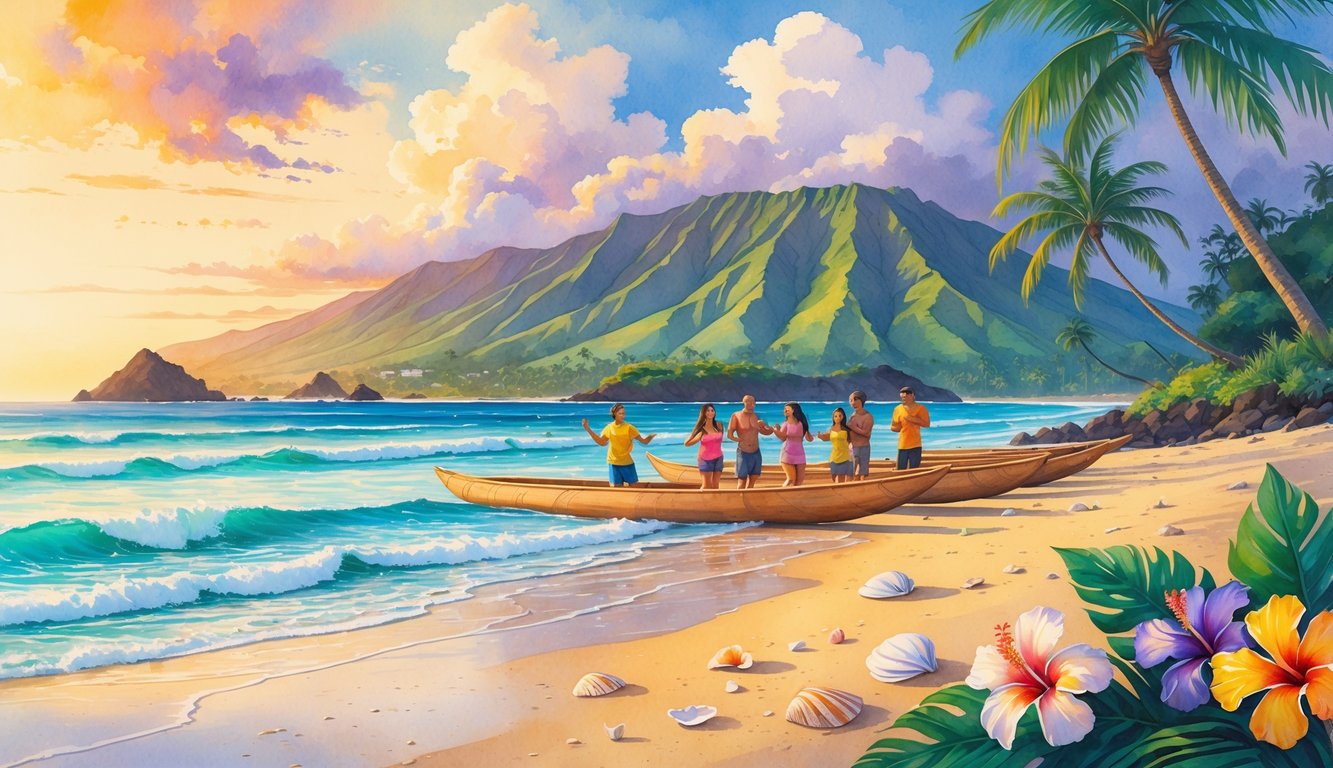 A peaceful Hawaiian beach at sunrise with palm trees, outrigger canoes, and people gathered near the shore with mountains in the background.