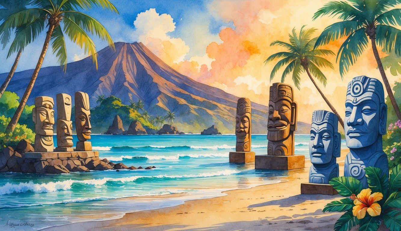 A tropical beach scene with traditional Hawaiian wooden and stone sculptures surrounded by palm trees, volcanic mountains, and tropical flowers at sunset.