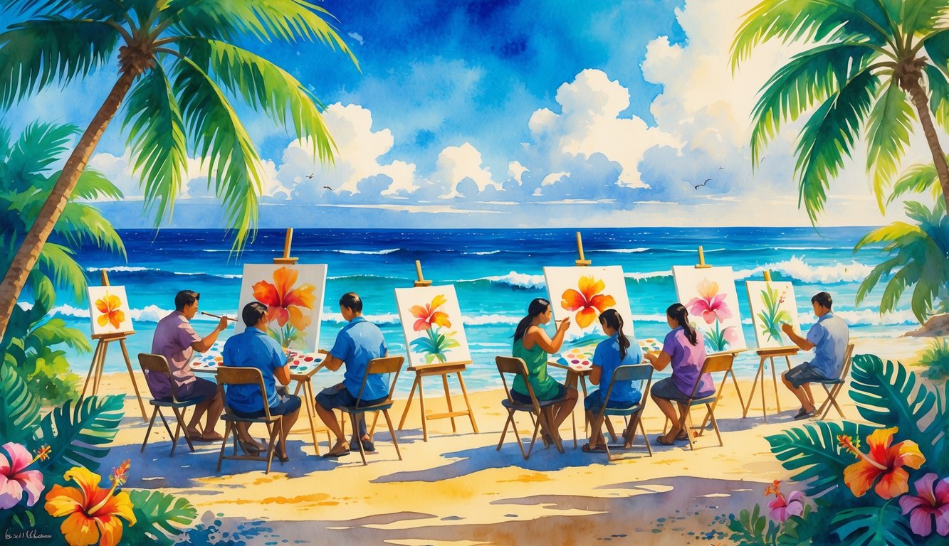 A group of people painting outdoors near a beach surrounded by palm trees and tropical flowers.