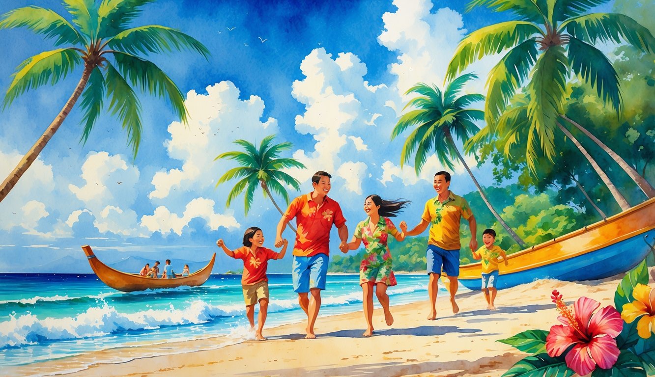 A Hawaiian family enjoying time together on a tropical beach with palm trees, flowers, and an outrigger canoe nearby.