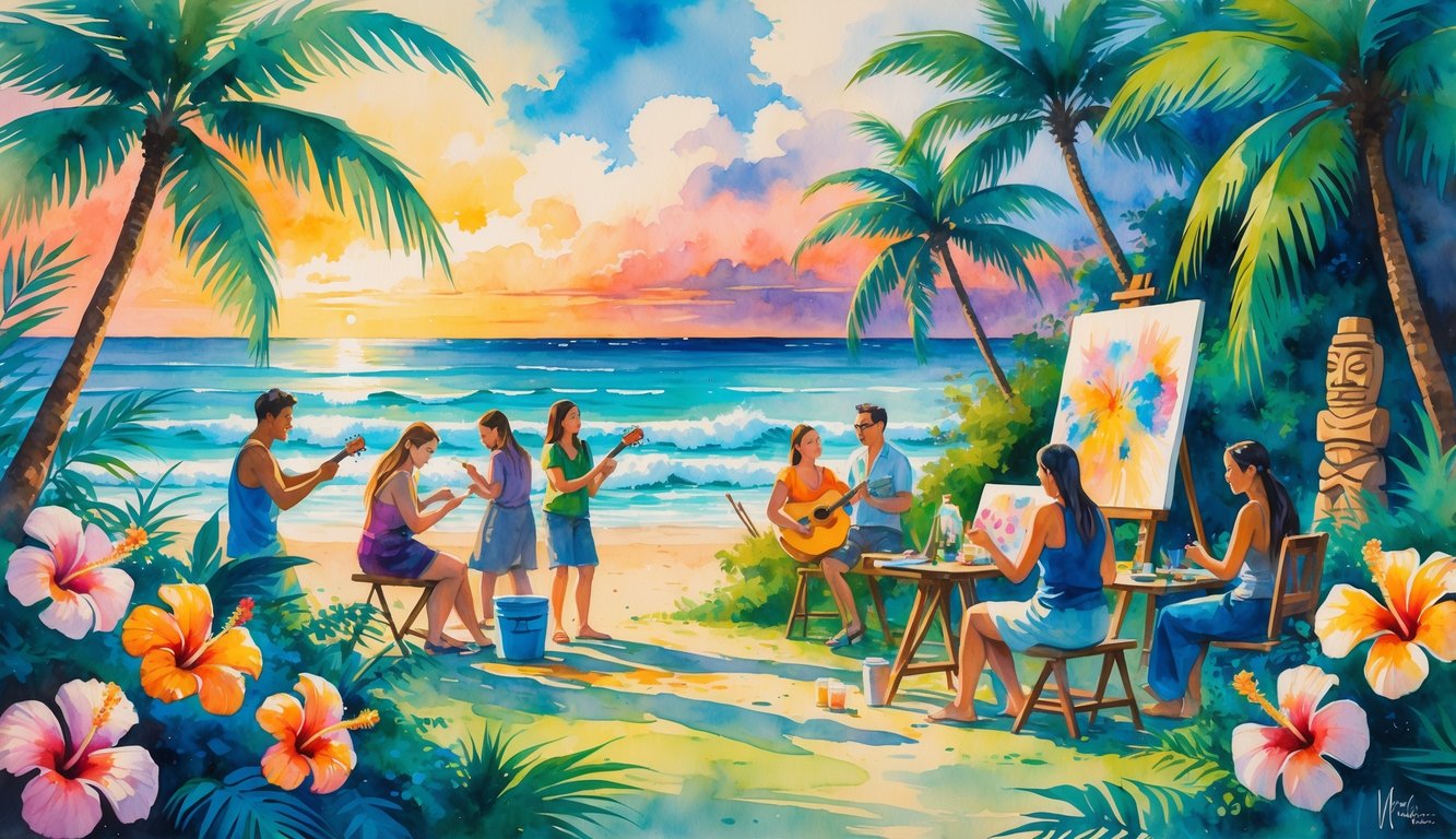 People creating art outdoors surrounded by tropical plants and a beach at sunset.