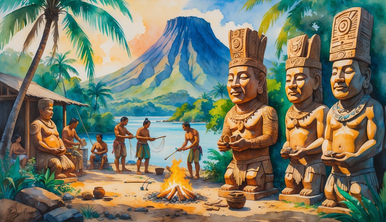 People carving traditional Hawaiian wooden statues outdoors near palm trees and mountains, with others weaving, fishing, and gathering around a fire.