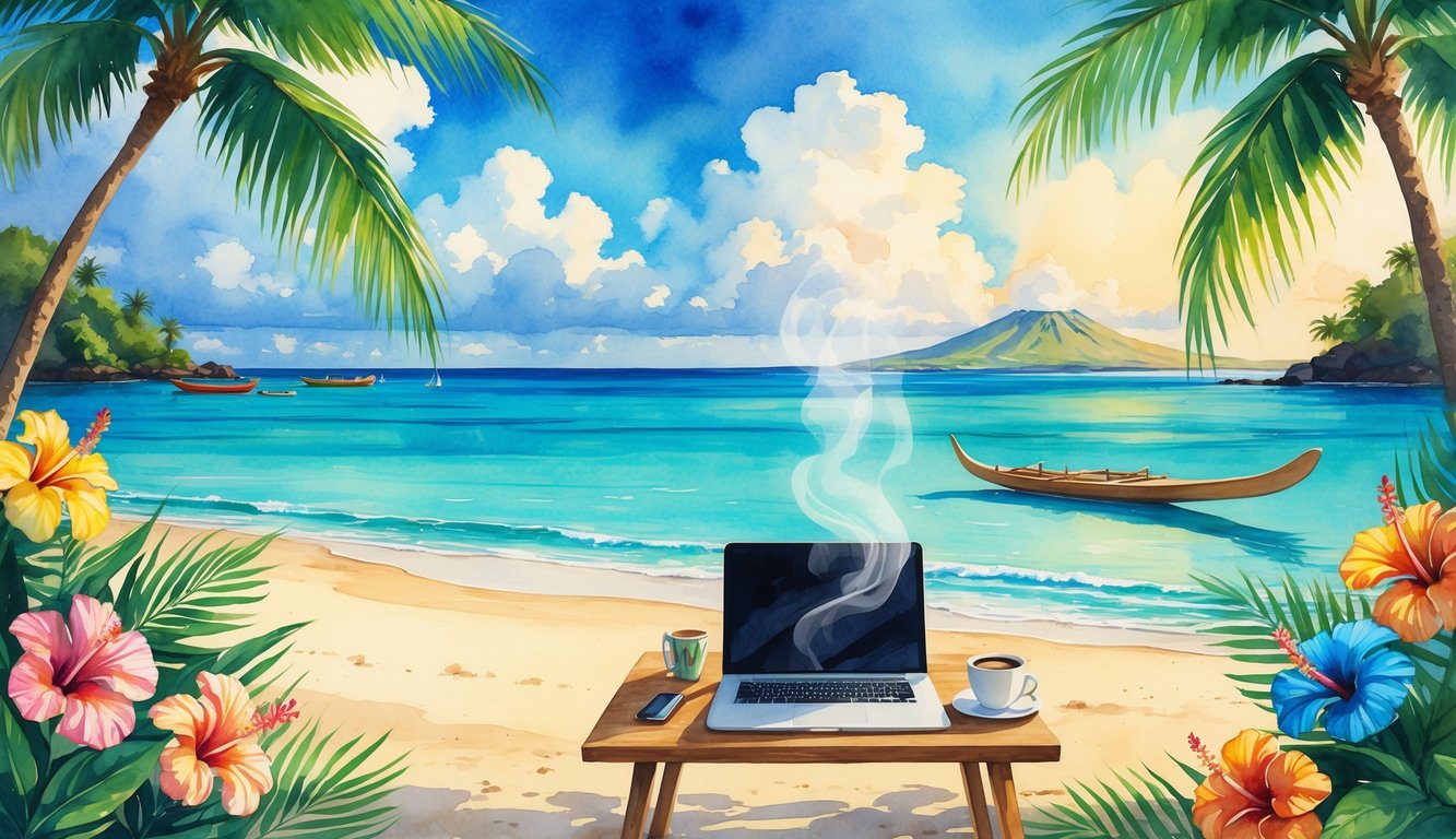 A tropical beach scene with a wooden desk holding a laptop, notebook, and coffee, surrounded by tropical flowers and palm trees, with ocean, a canoe, and a volcano in the background.
