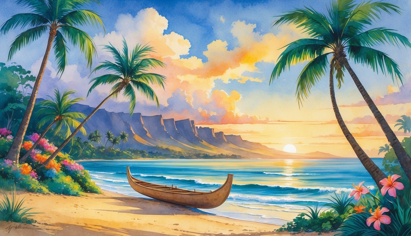 A peaceful Hawaiian beach scene with palm trees, tropical flowers, a canoe on the shore, calm ocean waves, and distant mountains.