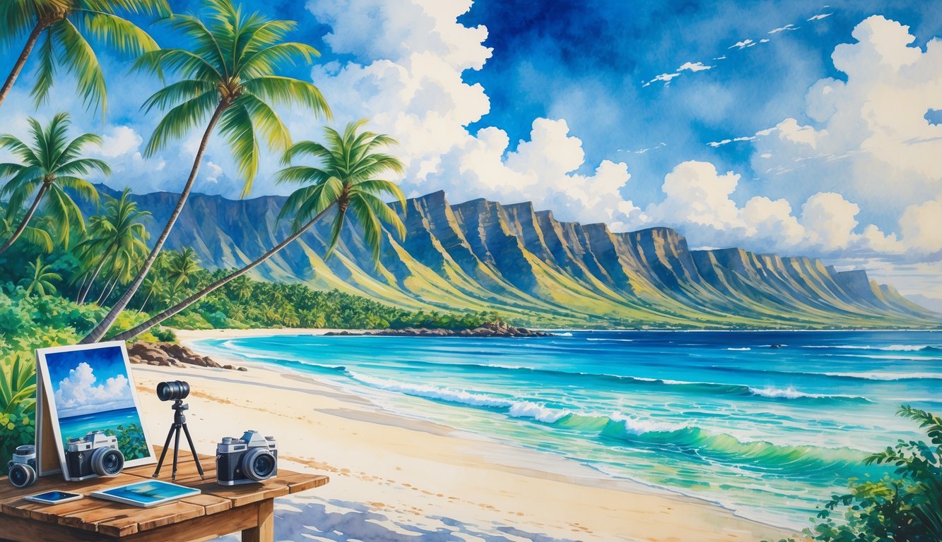 A tropical Hawaiian beach with palm trees, clear blue water, volcanic mountains in the background, and photography equipment placed near the shore.