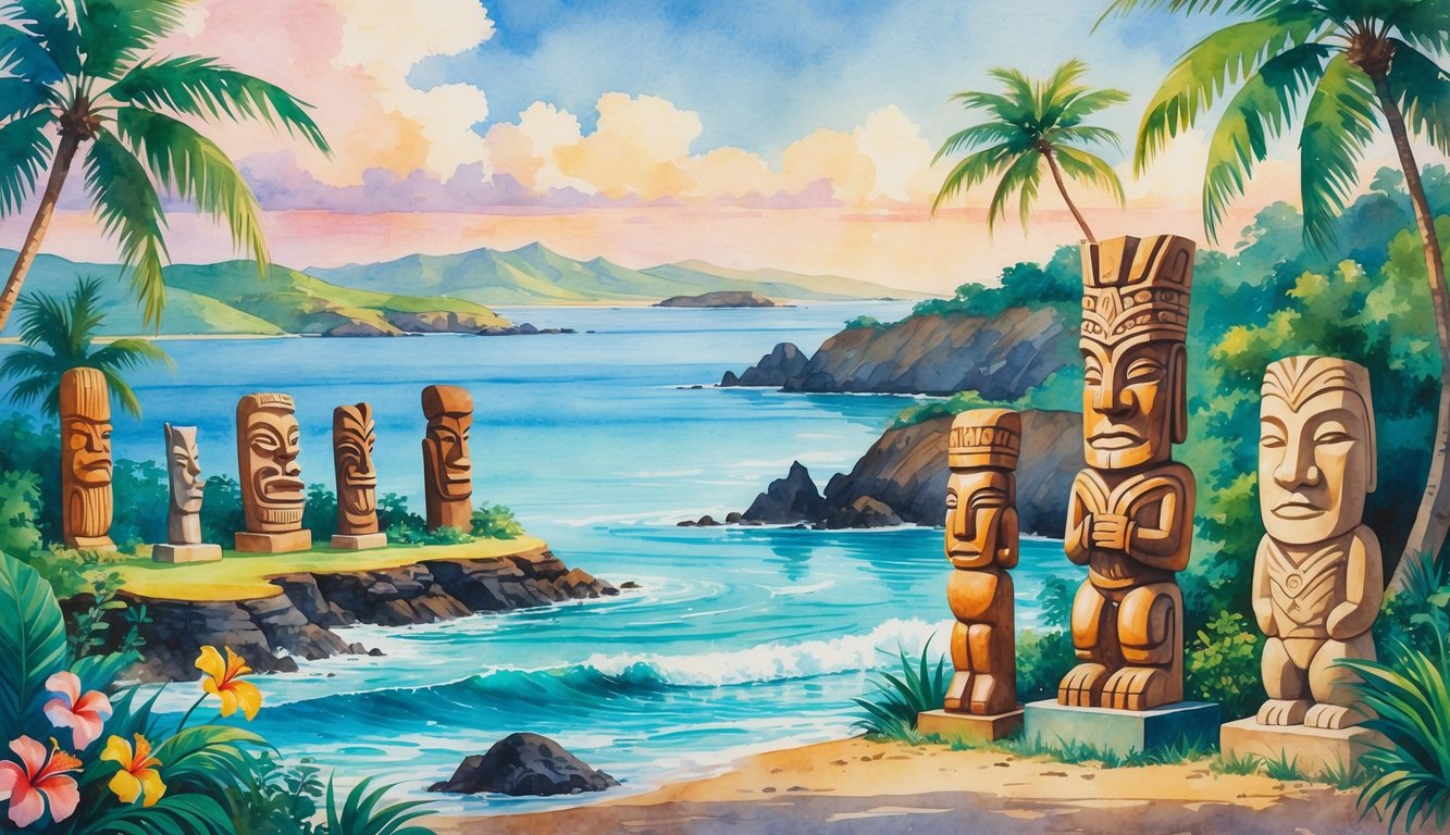 Coastal scene showing several traditional Hawaiian sculptures set among tropical plants with multiple islands and ocean in the background.
