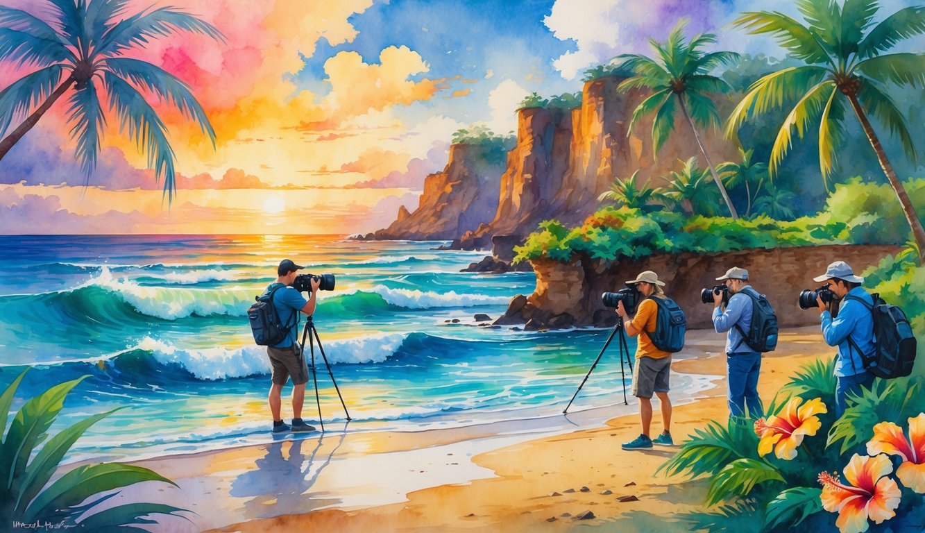 Photographers taking pictures of a Hawaiian beach at sunset, tropical flowers, and a lush valley with waterfalls.