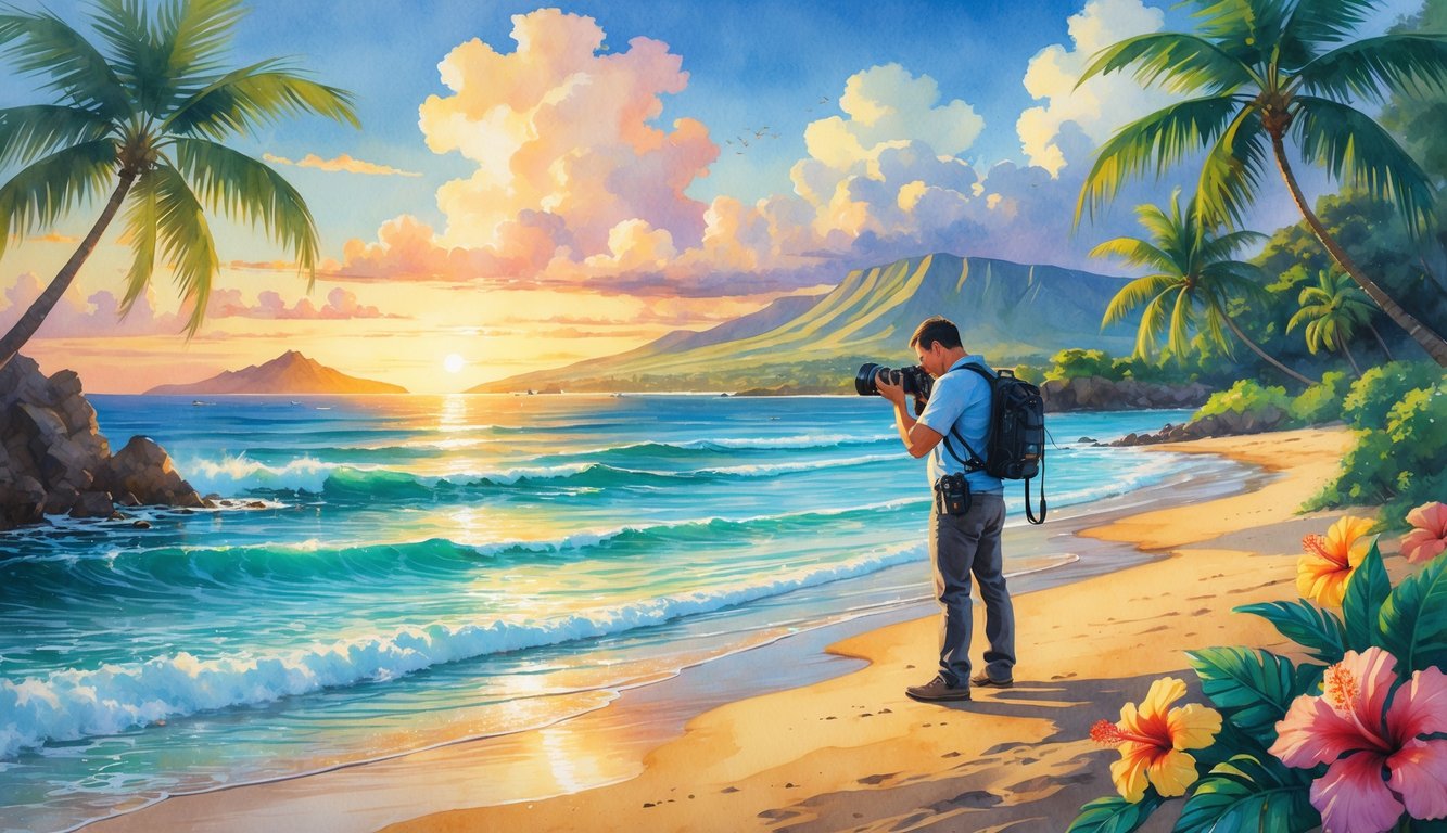 A photographer standing on a tropical Hawaiian beach at sunset, surrounded by palm trees, flowers, ocean waves, and mountains in the background.