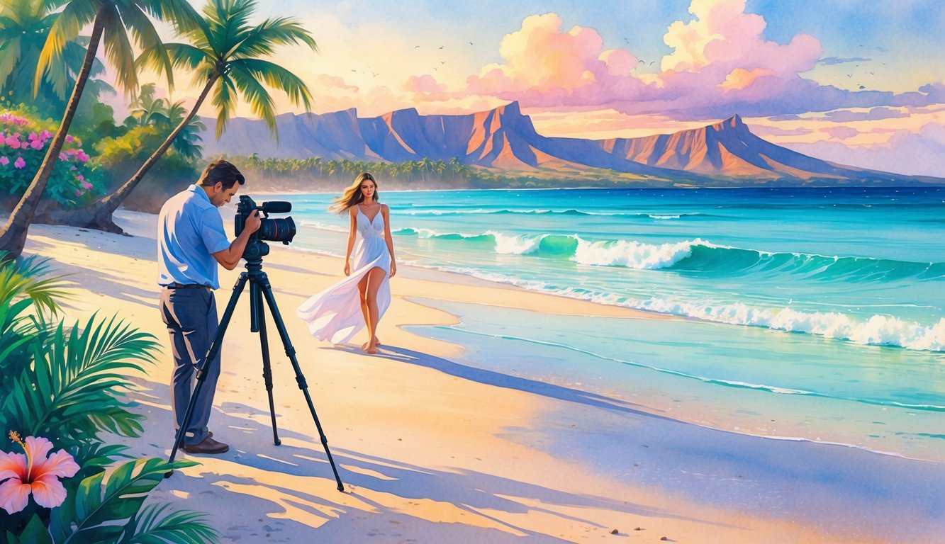 A photographer taking pictures of a model posing on a Hawaiian beach with palm trees, mountains, and ocean waves in the background.