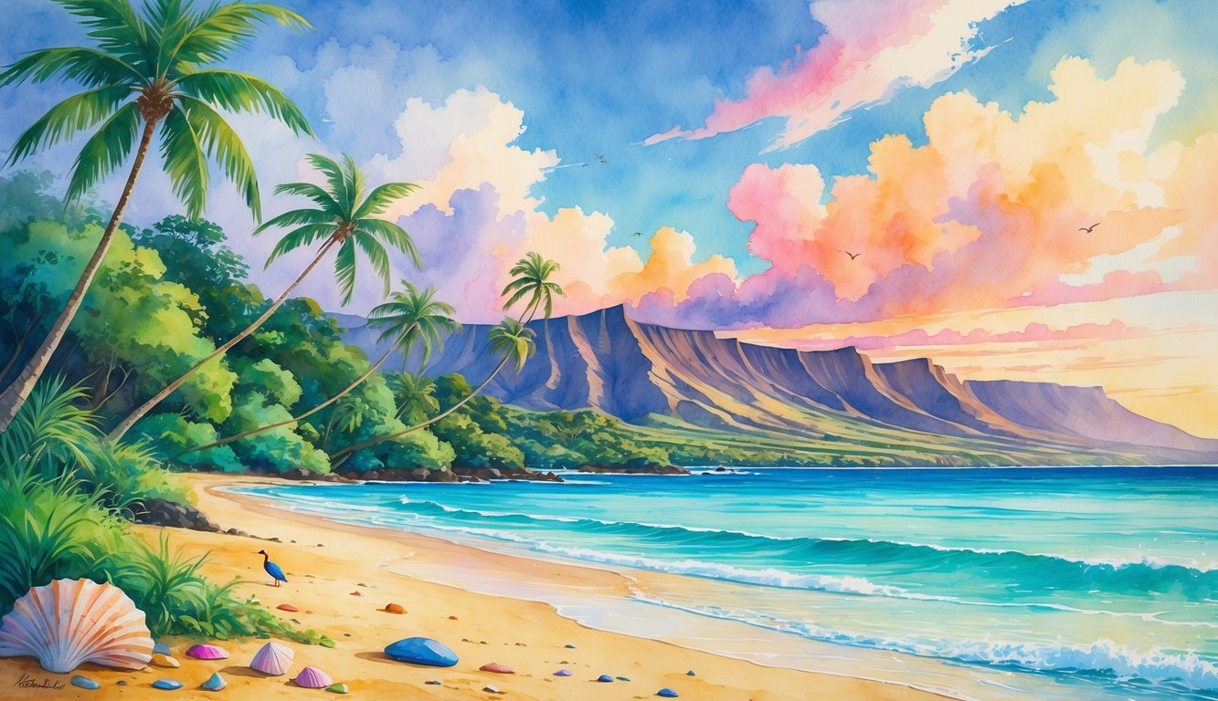 A peaceful Hawaiian beach scene with palm trees, ocean waves, volcanic mountains, and native birds under a colorful sky.