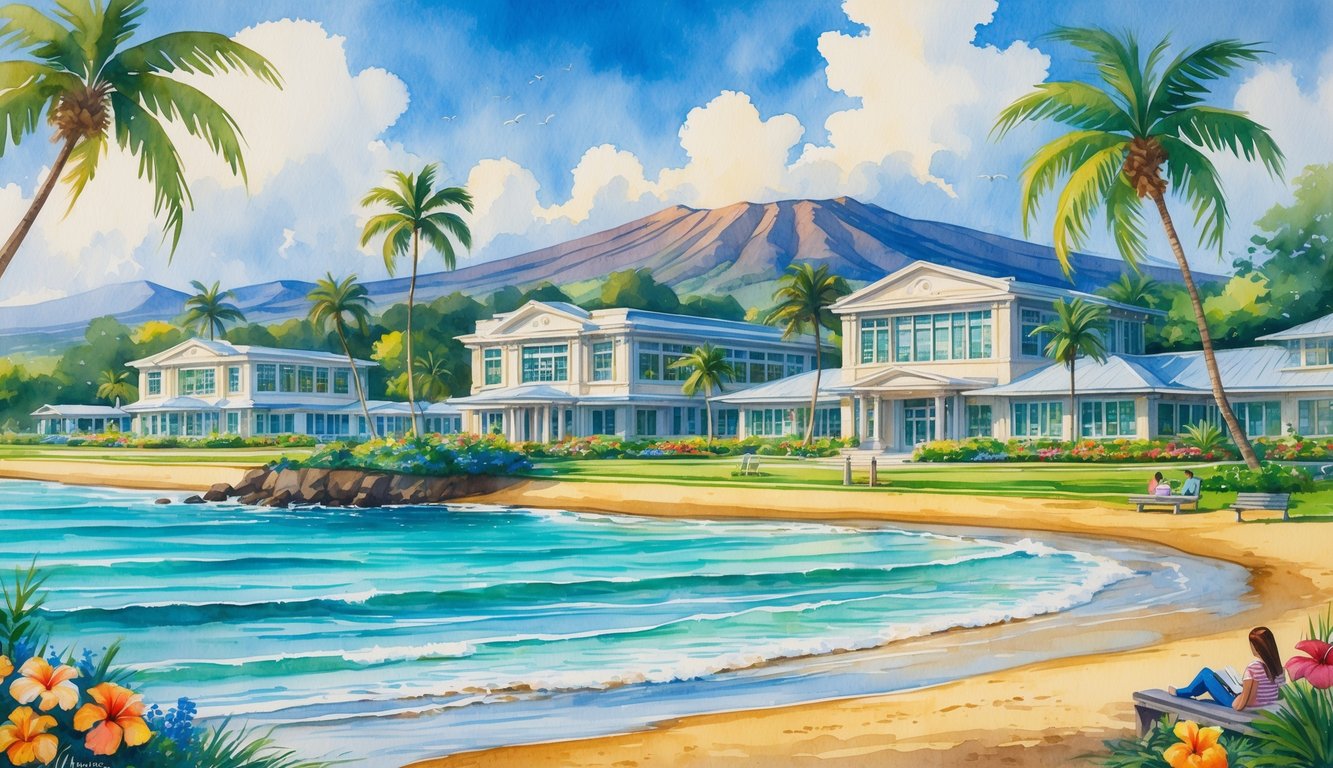 A peaceful scene of several library buildings surrounded by palm trees, flowers, mountains, and a beach with people reading outdoors.