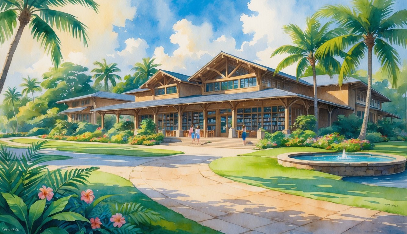 A tropical library building surrounded by palm trees and flowers with people walking and reading nearby.