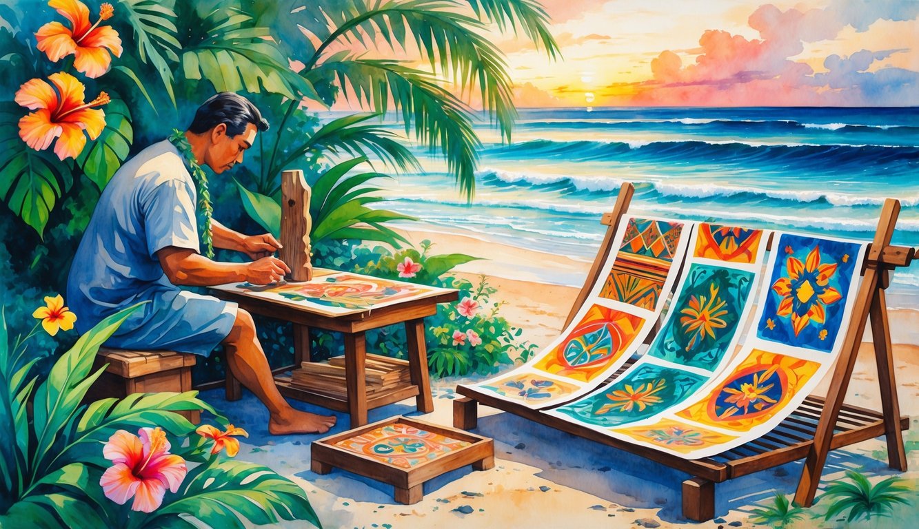 A Hawaiian artist carving woodblocks surrounded by tropical plants and colorful prints, with a beach and sunset in the background.