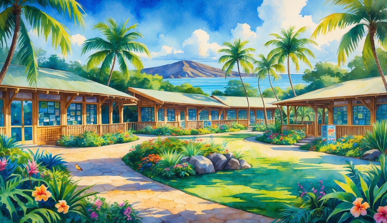 A peaceful Hawaiian scene showing several small library buildings surrounded by tropical plants, palm trees, and a stone pathway leading through colorful gardens with the ocean and mountains in the background.